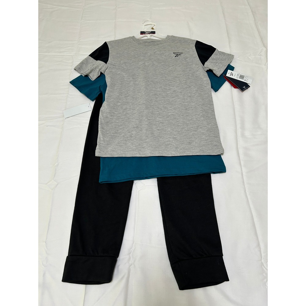 Reebok Kids Boys 3 Piece Set Grey Teal Black Shirts and Jogger Pants Size 12 New